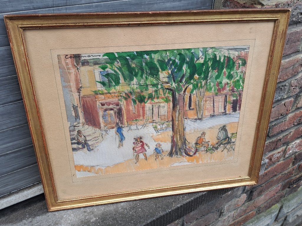 aquarelle place animee signe raymond coumans, Antiek en Kunst, Kunst | Schilderijen | Klassiek, Ophalen of Verzenden