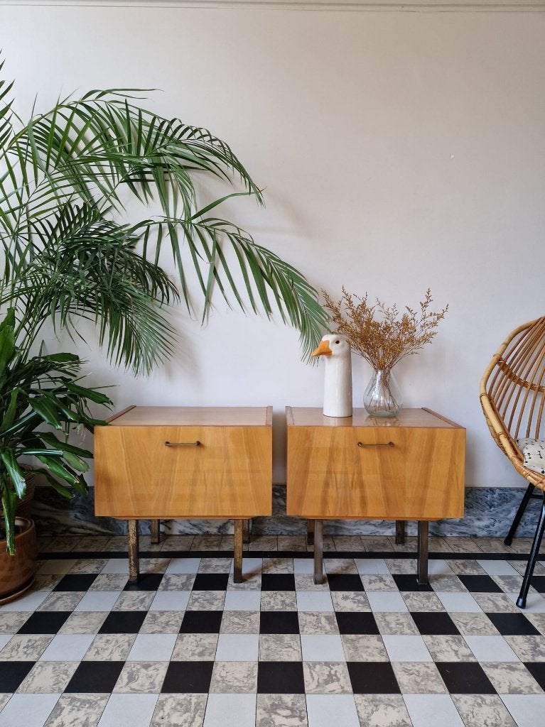 Vintage midcentury nachtkastjes | kastjes | retro, Enlèvement, Utilisé, Bois, 45 à 65 cm