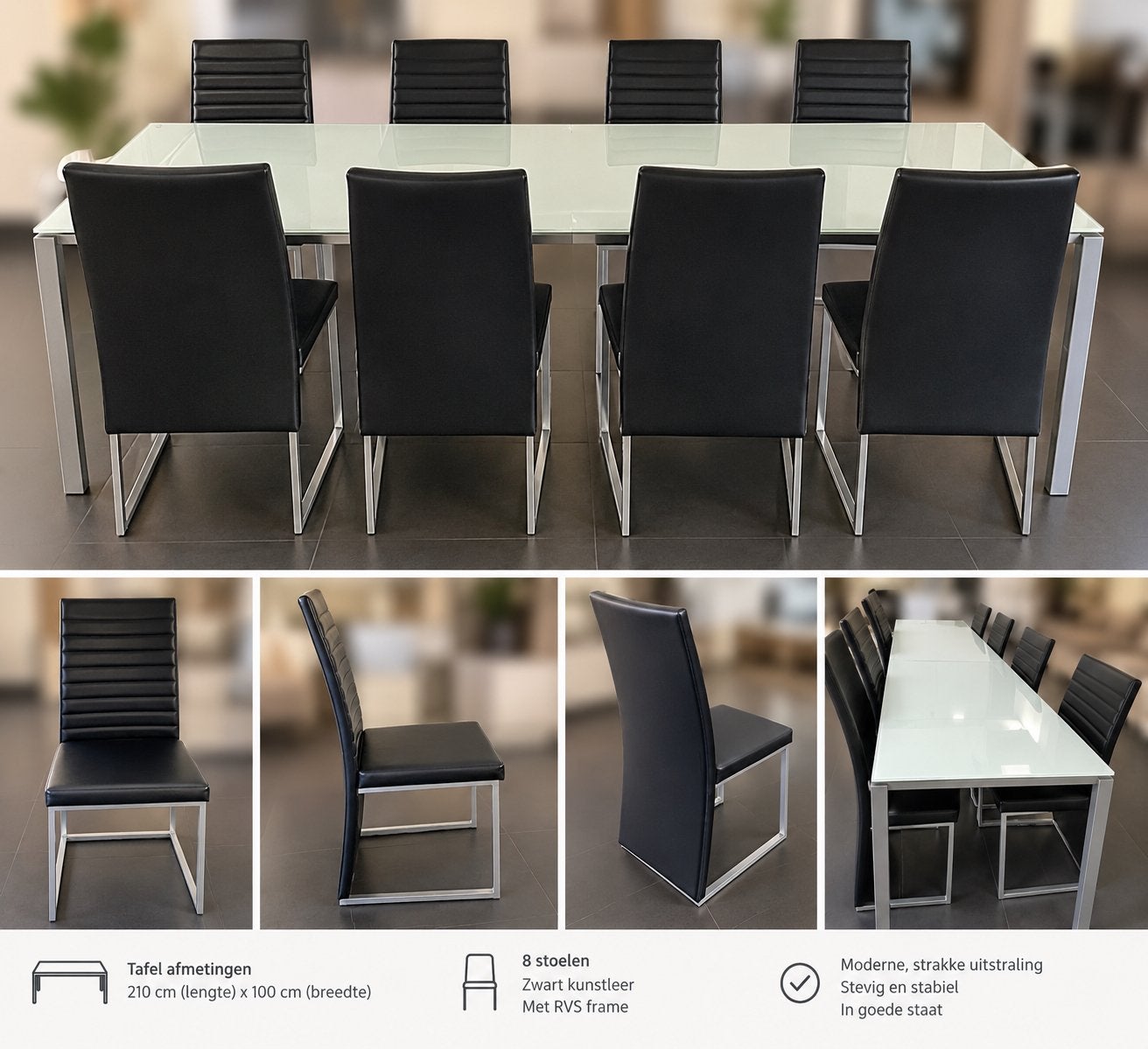 witte glazen eettafel 210x100 cm + 8 zwarte stoelen, Ophalen, 100 tot 150 cm, 200 cm of meer, Zo goed als nieuw