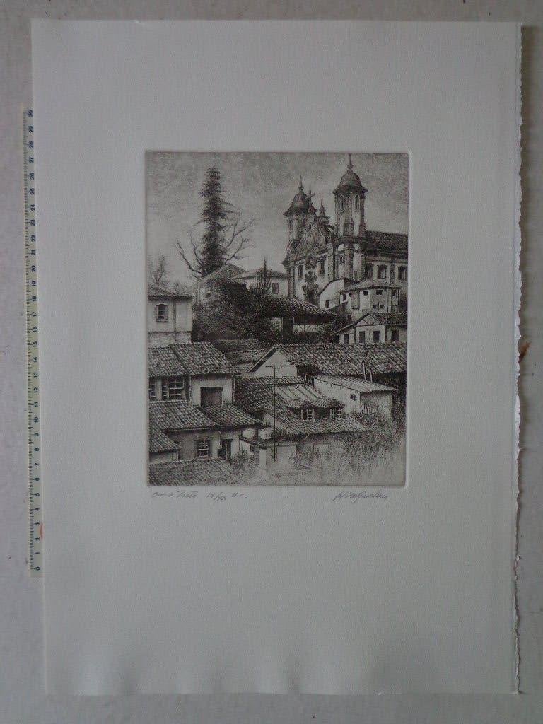 verfijnde ets van Jef Van Grieken "Ouro Preto", Antiquités & Art, Enlèvement ou Envoi, Paysage, 2000 à aujourd'hui, Eau-forte