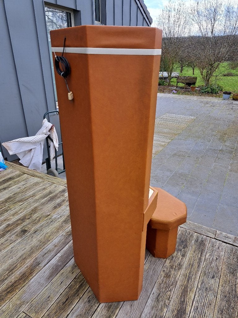 Vintage kaptafel (60/70) in bruin kunstleer met zitting, Ophalen, Kunststof, Gebruikt, 50 tot 100 cm