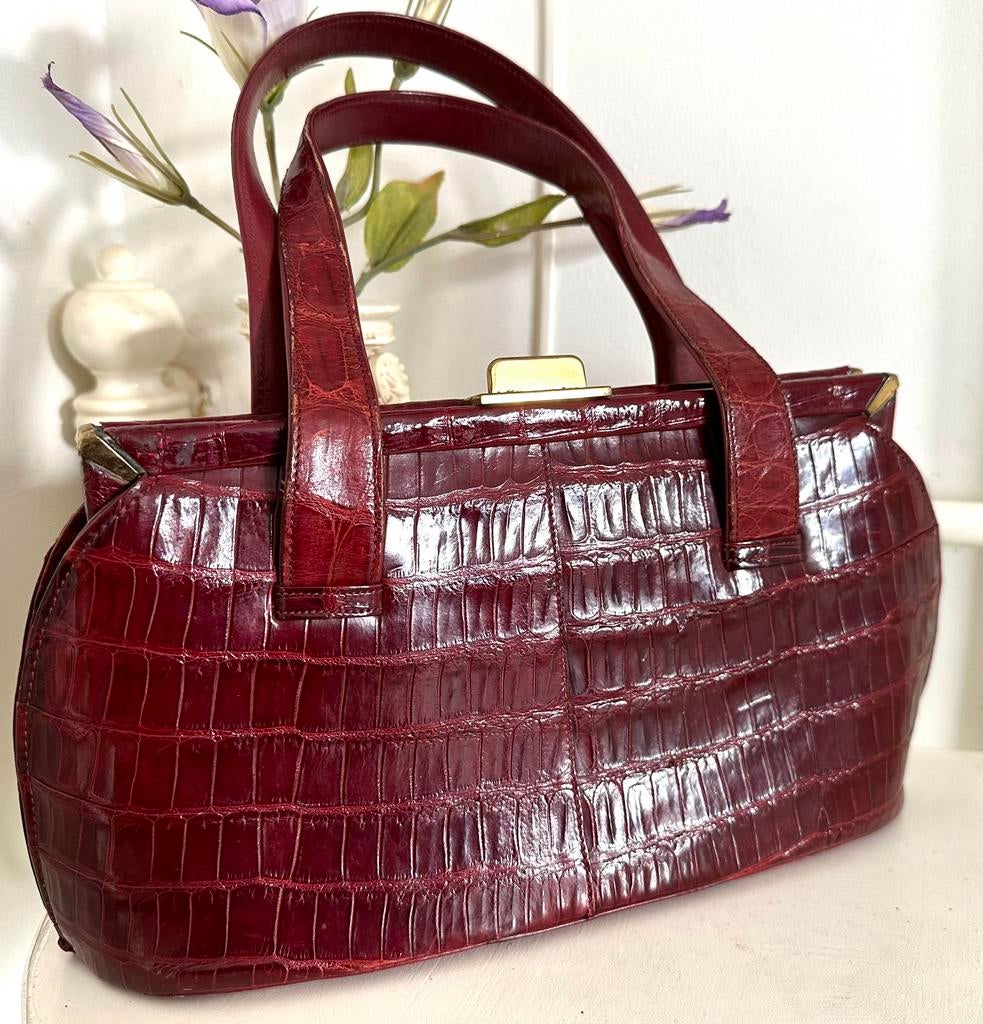 Vintage leren tas in krokodillenstijl met make-upspiegel, Gebruikt, Rood