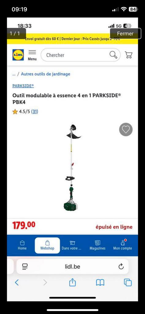 Parkside 4 en 1 : coupe bordure, debroussailleuse, …, Enlèvement