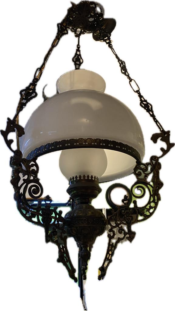 Ancien lustre suspendu bronze et verre fin blanc, Enlèvement, Comme neuf, Verre