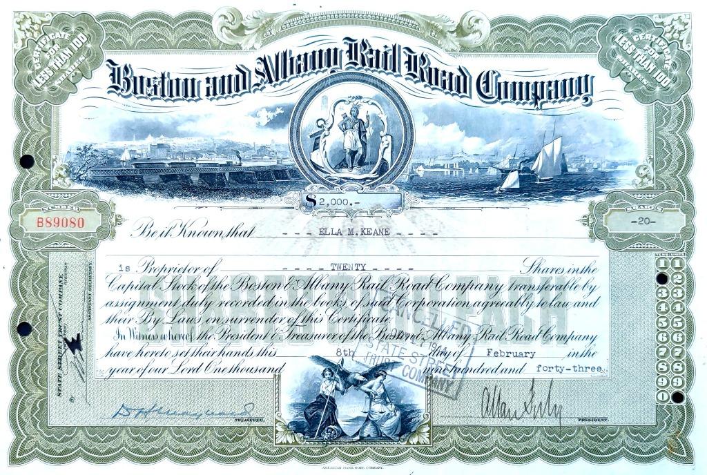 Boston and Albany Railroad Company 1943, Enlèvement ou Envoi, 1920 à 1950, Certificat d'action