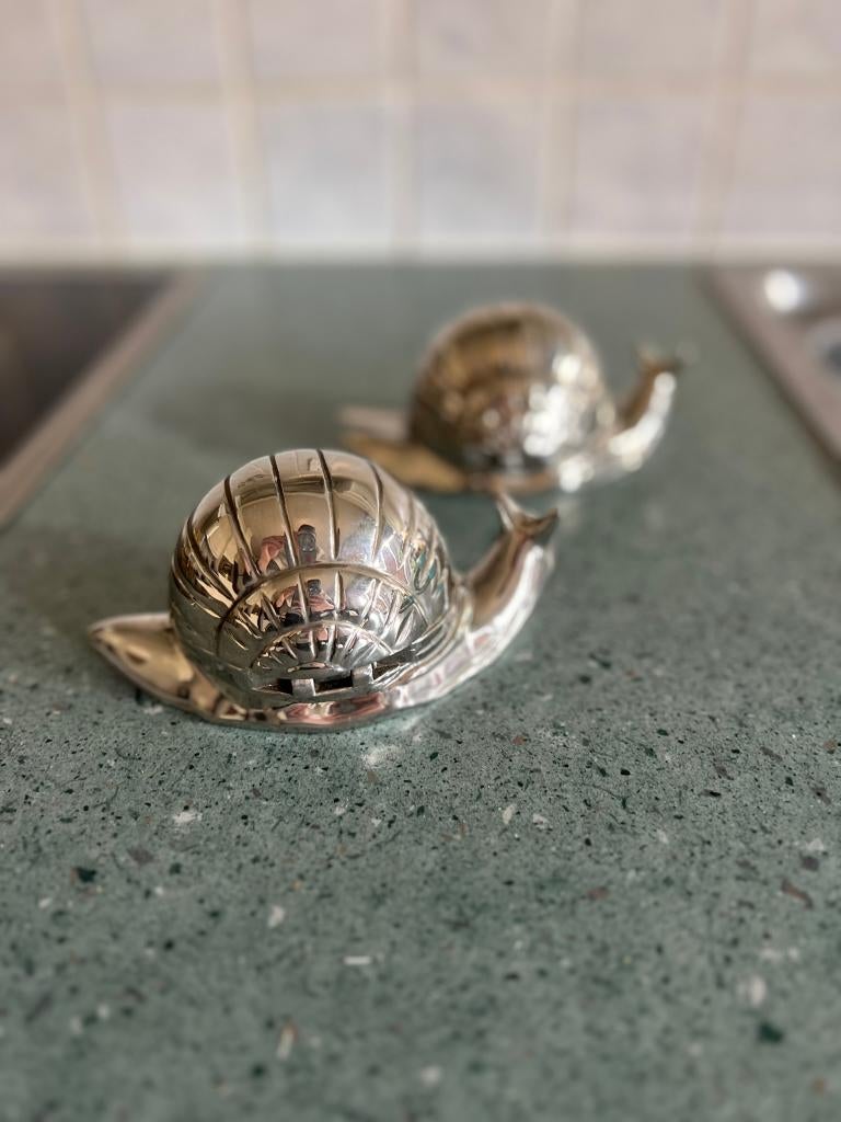 2x Vintage slakkenboter schaal verzilverde boter pot met dek, Ophalen of Verzenden