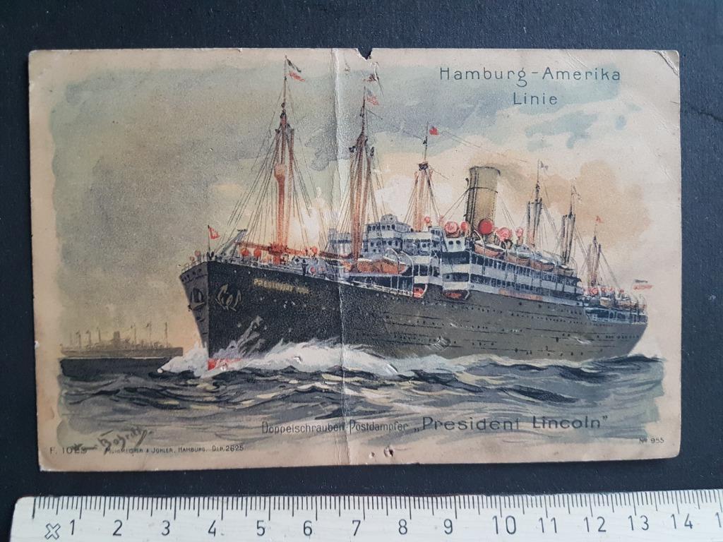 Carte postale Hambourg - America Line President Lincoln 1912, Envoi, Avant 1920, Affranchie, Véhicule