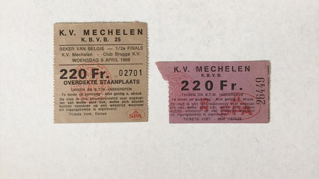 2 Tickets KV Mechelen Beker België 1/2e finale 9/4/86