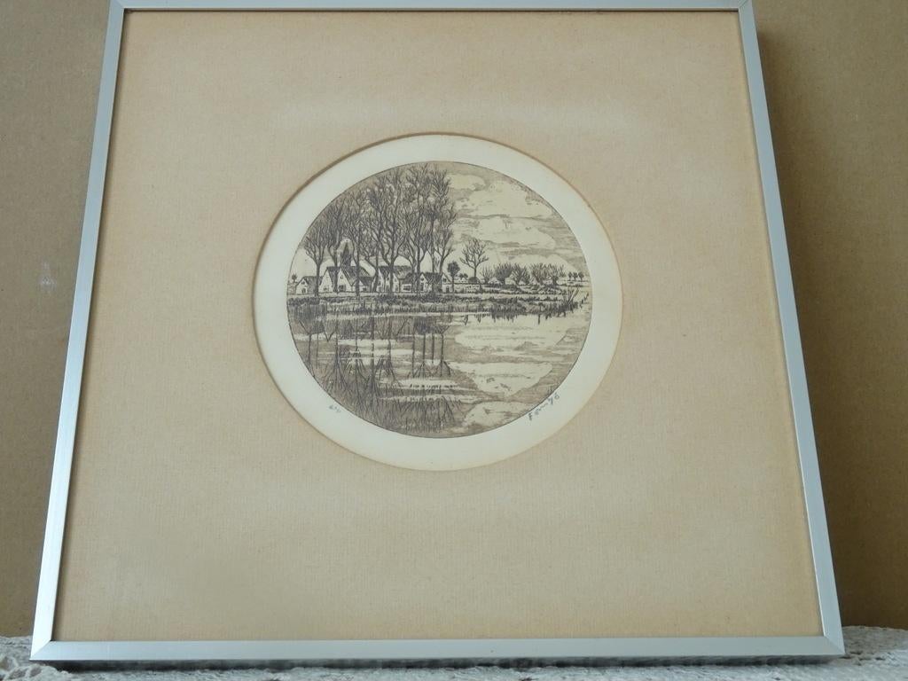 Vintage ets Fons Franken 25x25cm stadsgezicht met water 1976, Antiek en Kunst, Kunst | Etsen en Gravures, Ophalen of Verzenden