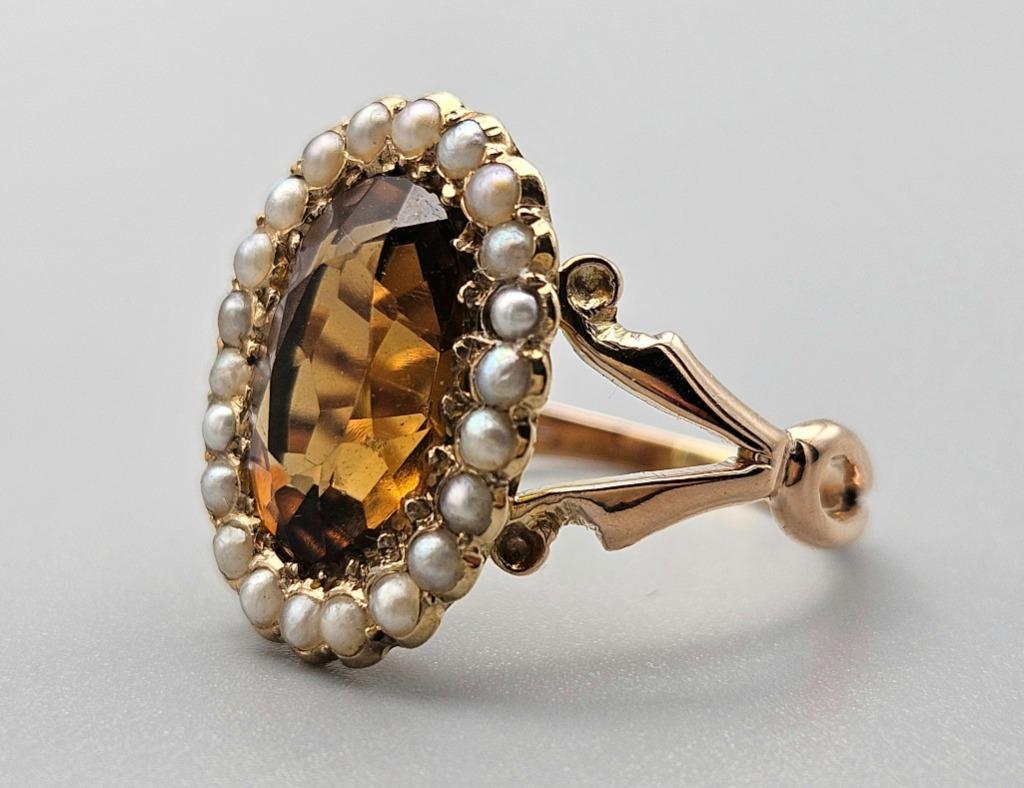 Bague ancienne en or avec pierre précieuse citrine et perle., Enlèvement ou Envoi, Or, Bague, Avec pierre précieuse