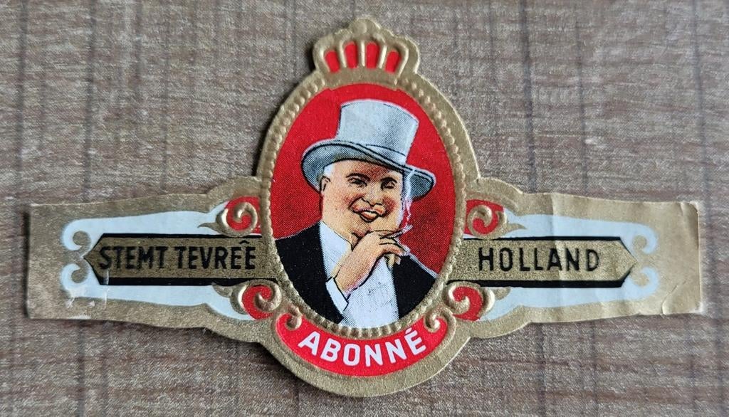 Oud sigarenbandje: Stemt tevrée Abonné Holland, Verzamelen, Ophalen of Verzenden, Gebruikt, Sigarenbandjes