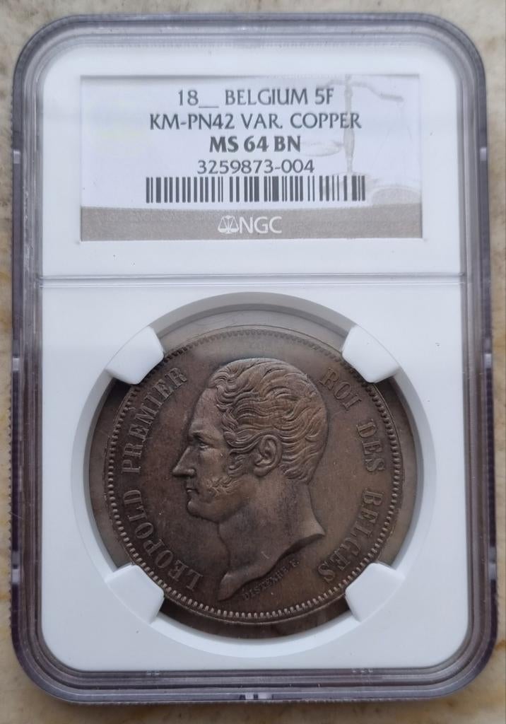 Proefslag 5 Francs 1847 Leopold I / MS64 BN, Ophalen of Verzenden, Overig, Losse munt