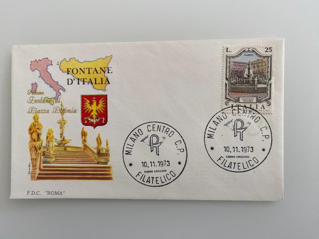 Postzegel First Day Cover Italië Fontane D'Italia 1973, Postzegels en Munten, Ophalen of Verzenden, Gestempeld