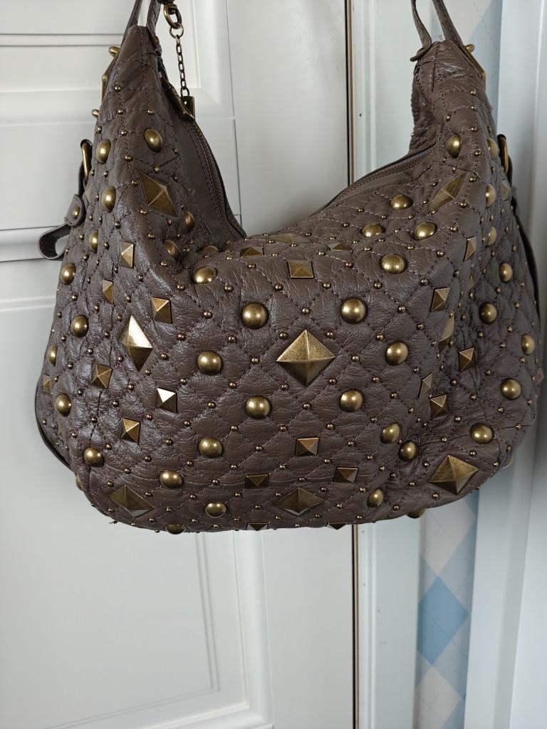 Vintage DKNY Y2K Brown Leather hobo bag with bronze metal st, Overige merken, Bruin, Ophalen of Verzenden, Zo goed als nieuw
