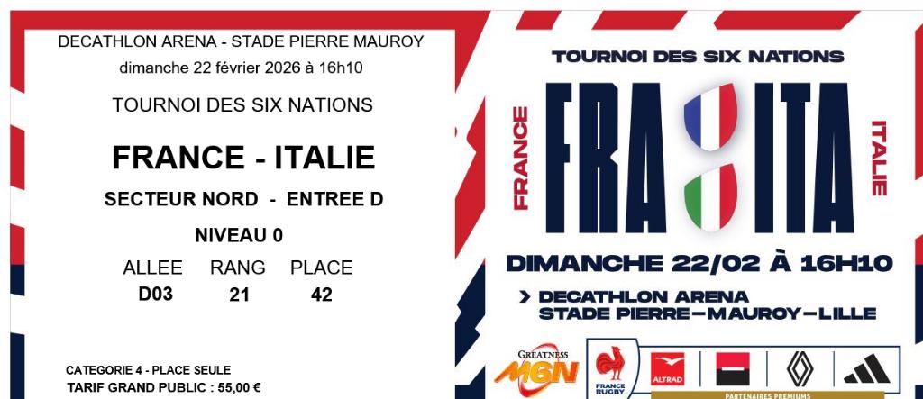 France - Italie 6 Nations 22/02/26 à Lille, Tickets en Kaartjes, Drie personen of meer, Februari