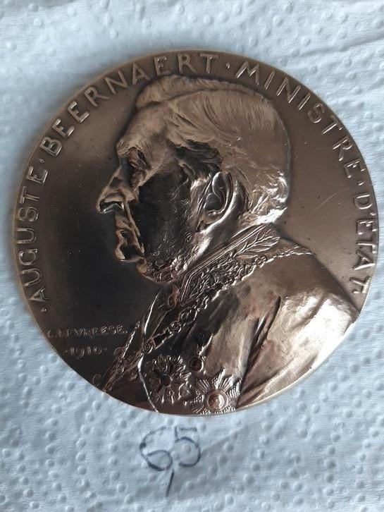 Médaille bronze AUGUSTE BEERNAERT 1910, Enlèvement ou Envoi, Bronze