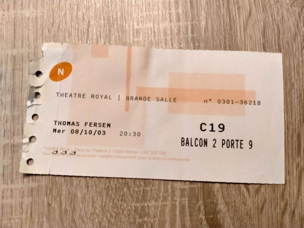 Ticket concert Thomas Fersen Théâtre de Namur 2003, Verzamelen, Ophalen, Gebruikt, Overige typen