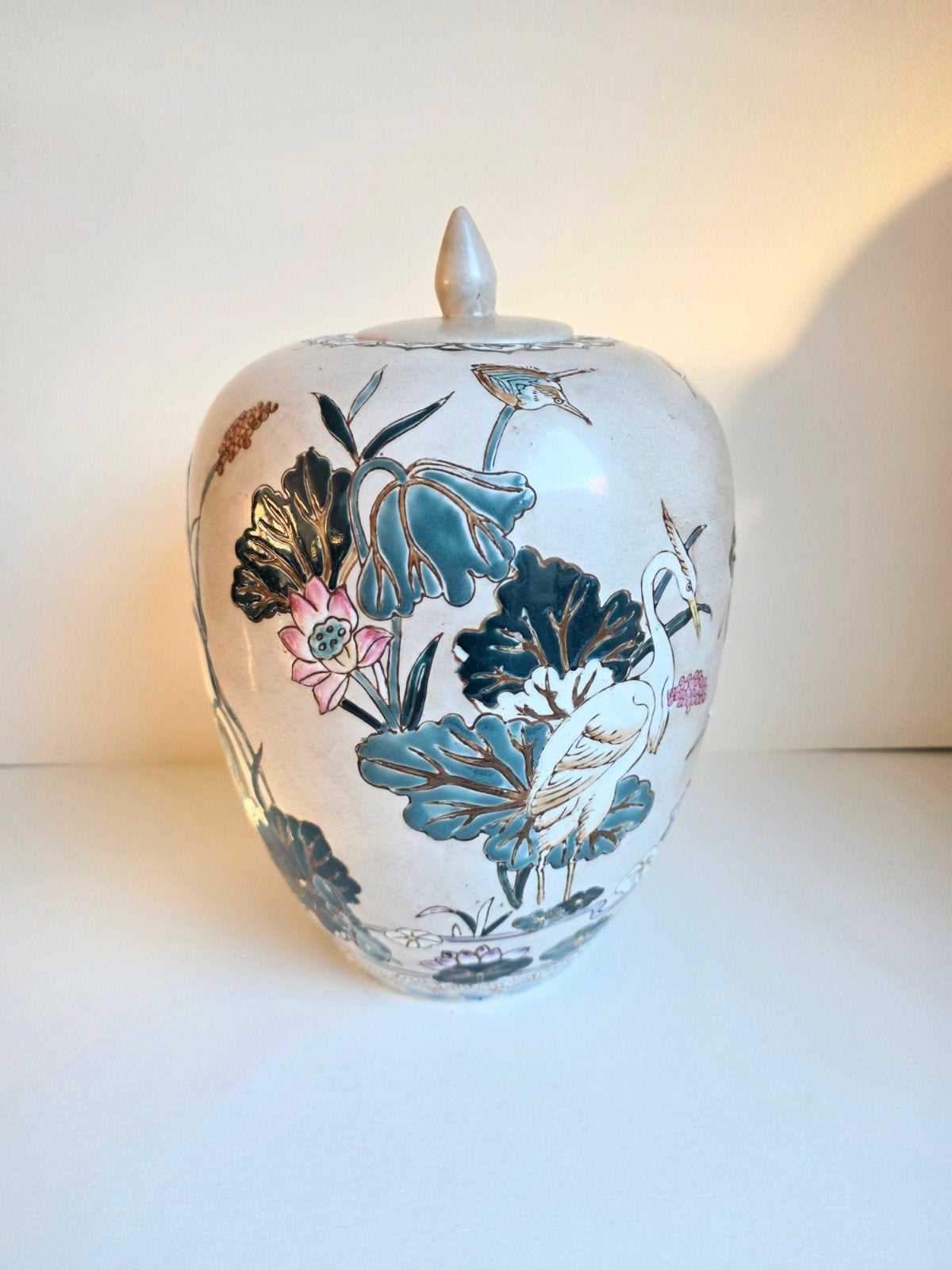 Chinese gemberpot met deksel - Reiger & Lotus (31 cm), Ophalen of Verzenden