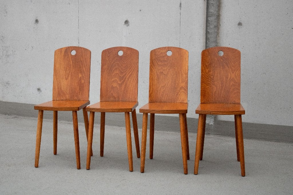 4X Brutalistische Houten Stoelen — jaren 60', Ophalen, Gebruikt, Bruin, Vier