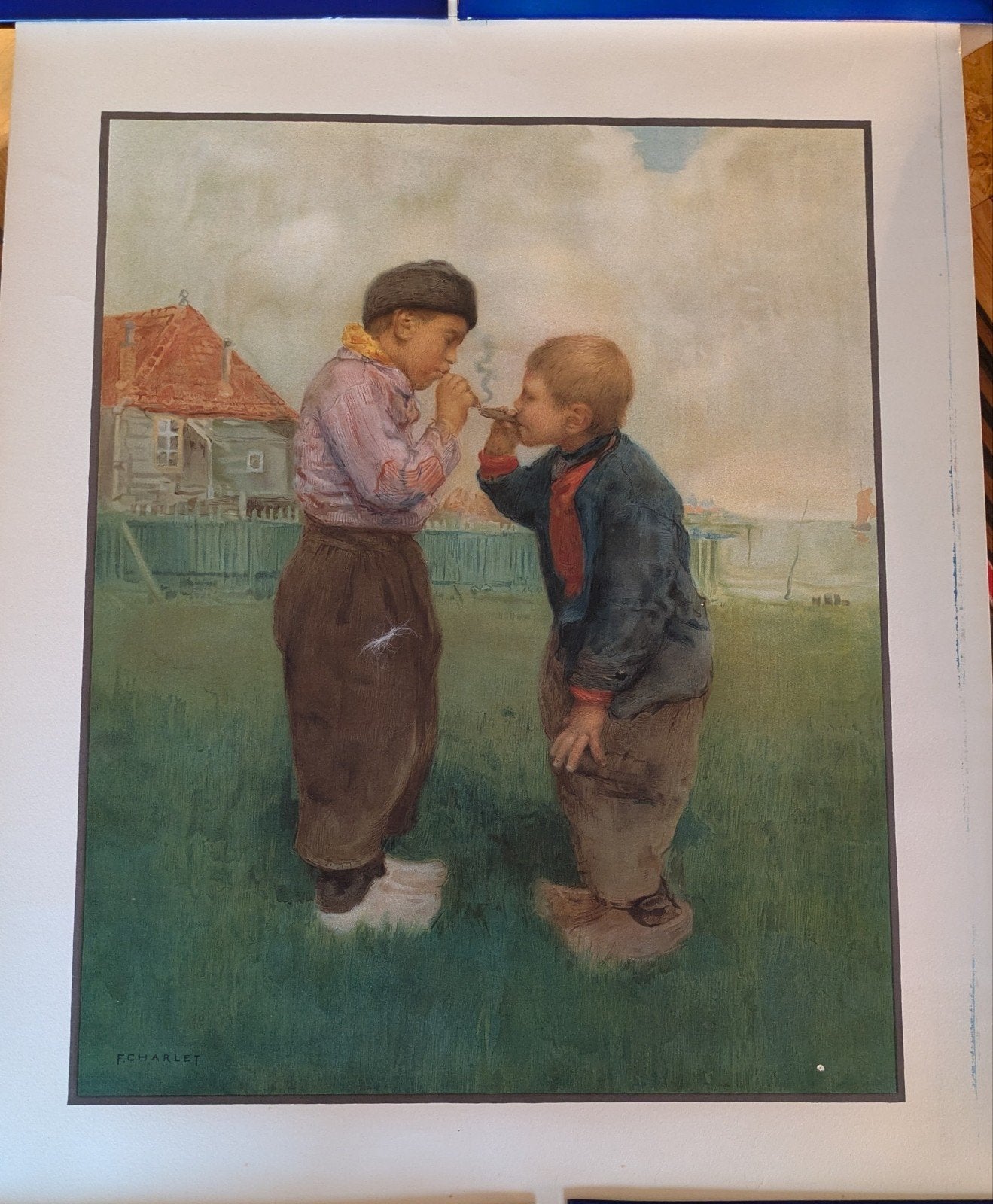 Frantz Charlet - Rokende Volendamse Knapen, Lithografie, Antiek en Kunst, Kunst | Schilderijen | Klassiek, Ophalen, Gesigneerd