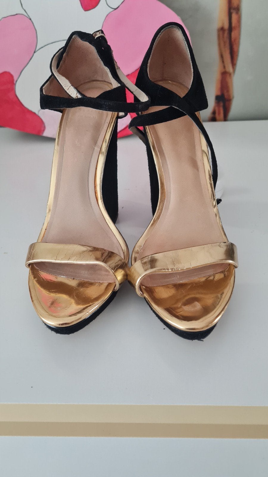 Sandales bicolores Zara noir doré T36 13cm, Enlèvement, Zara,, Porté, Noir