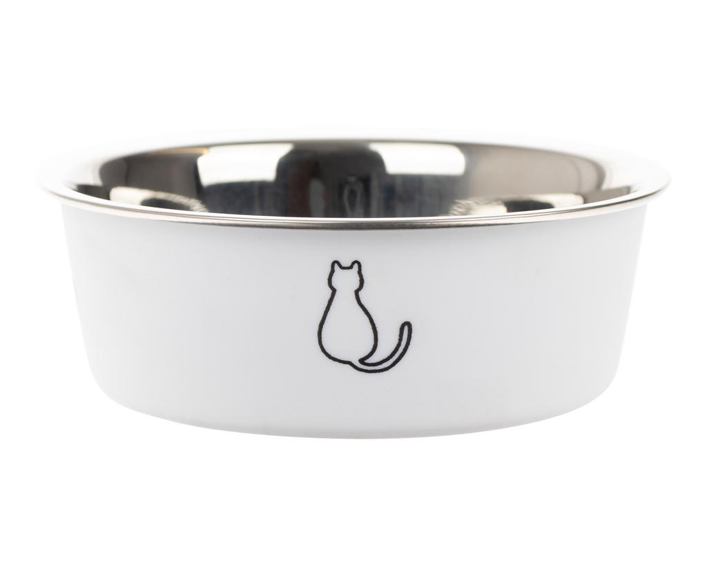 witte rvs voerbak voor katten met een poezenpatroon., Ophalen, Zo goed als nieuw