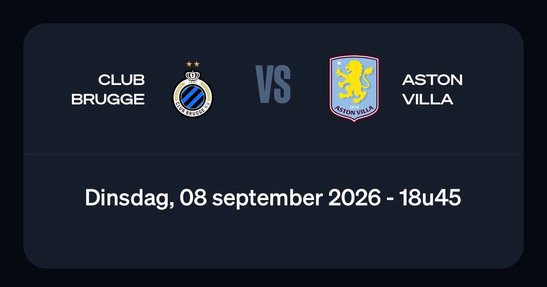 1 Ticket Club Brugge - Aston Villa (Oost 315), Cartes en vrac, Une personne, Septembre