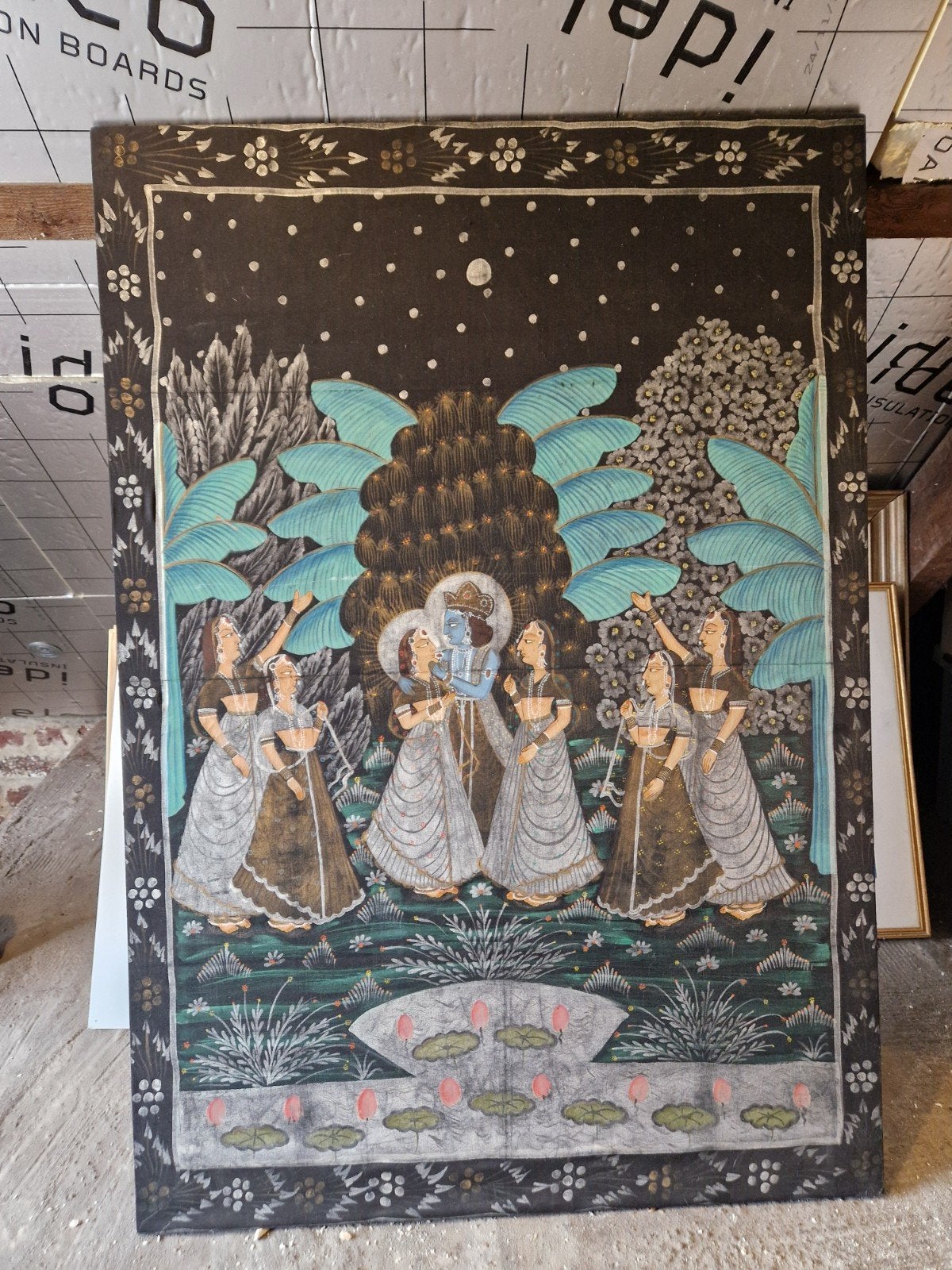 Grand tableau indien Pichwai peint à la main Krishna, Antiquités & Art, Enlèvement