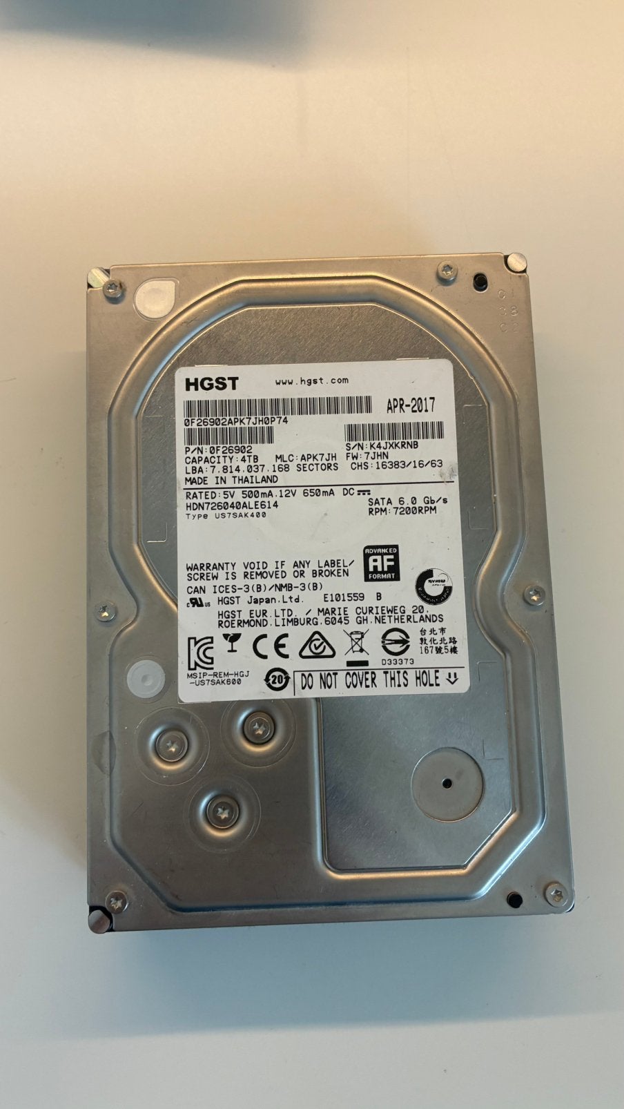 HGST 4TB server HDD, Computers en Software, Ophalen of Verzenden, Gebruikt, Server, HDD
