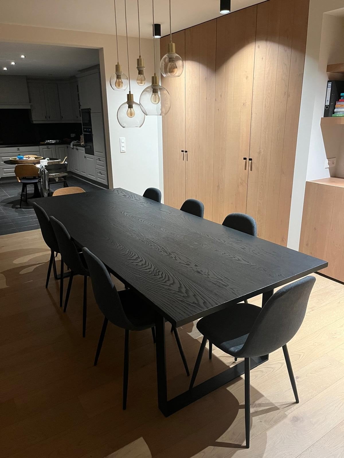 Eettafel Orto fineer eik zwart + gratis stoelen, Ophalen, Gebruikt, 100 tot 150 cm, 200 cm of meer