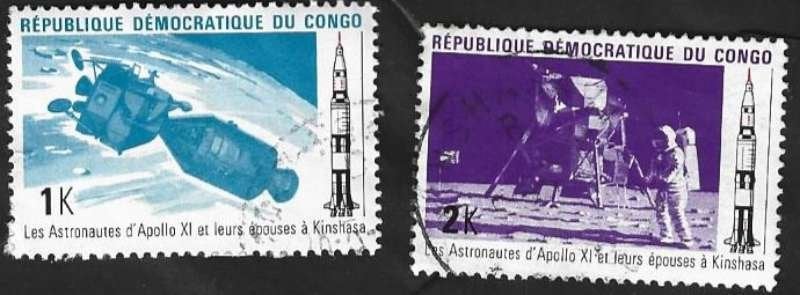 2 Postzegels Congo-Kinshasa Astronauten van Apollo 11, Postzegels en Munten, Postzegels | Afrika, Ophalen of Verzenden, Overige landen