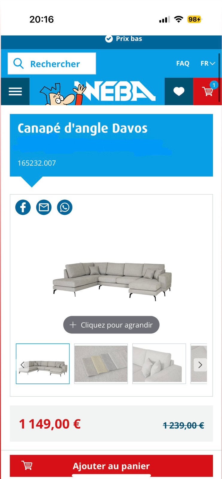 NEUF CANAPE GRIS 1150€ BXL CAUSE DEMANGER, Maison & Meubles, Canapés | Salons, Enlèvement, Comme neuf