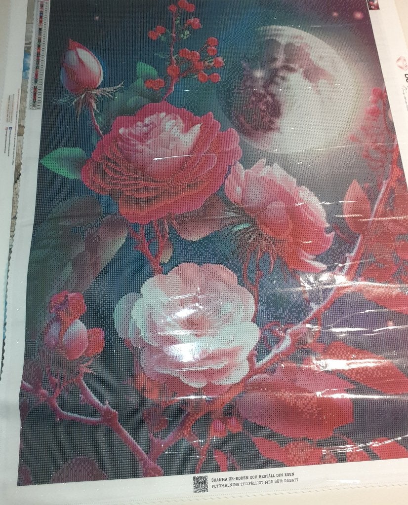 Diamond Painting rozen met maan 60x80 cm rond, Zelfklevend, Diamond painting, Nieuw, Natuur en Bloemen