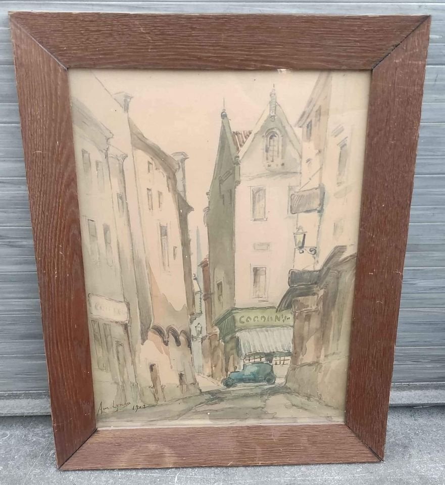 aquarelle ruelle signe Amédée lynen, Antiquités & Art, Enlèvement ou Envoi, Aquarelle