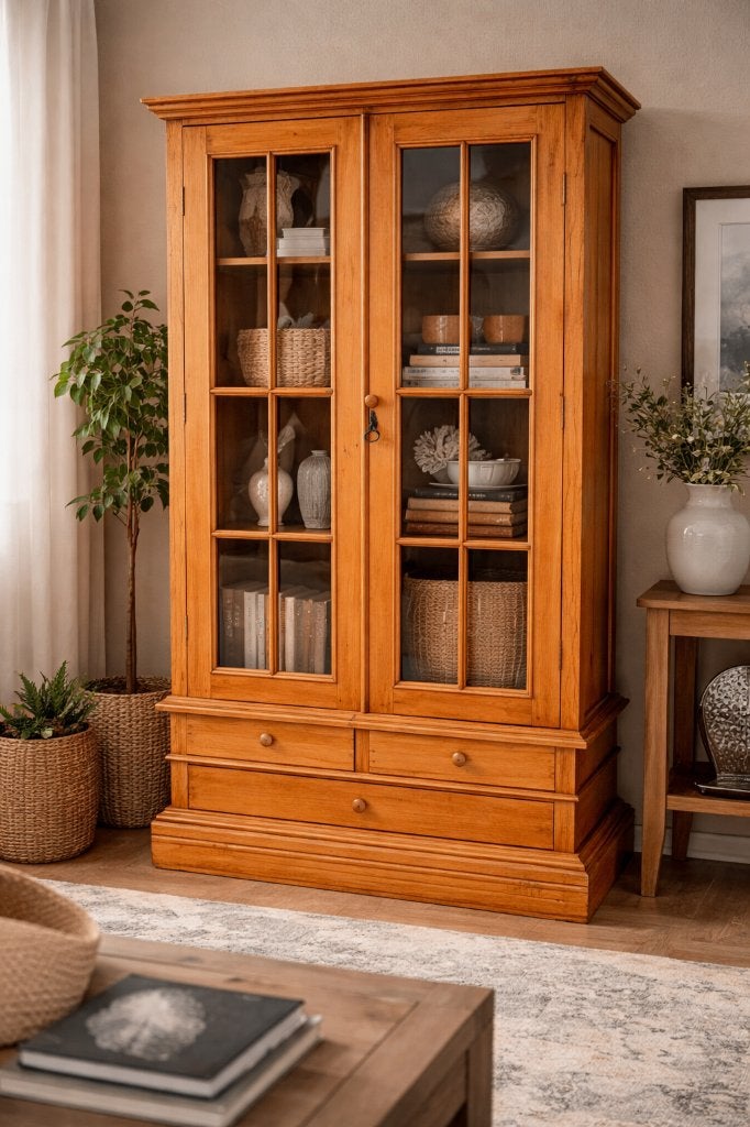 Mahonie houten vitrine kast, Met lade(s), Zo goed als nieuw, 150 tot 200 cm, 25 tot 50 cm