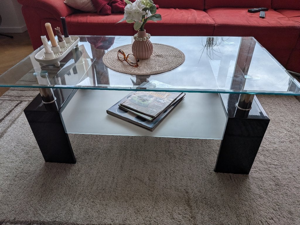 Glazen woonkamertafel, Huis en Inrichting, Tafels | Salontafels, Ophalen, Gebruikt, 100 tot 150 cm, 50 tot 100 cm