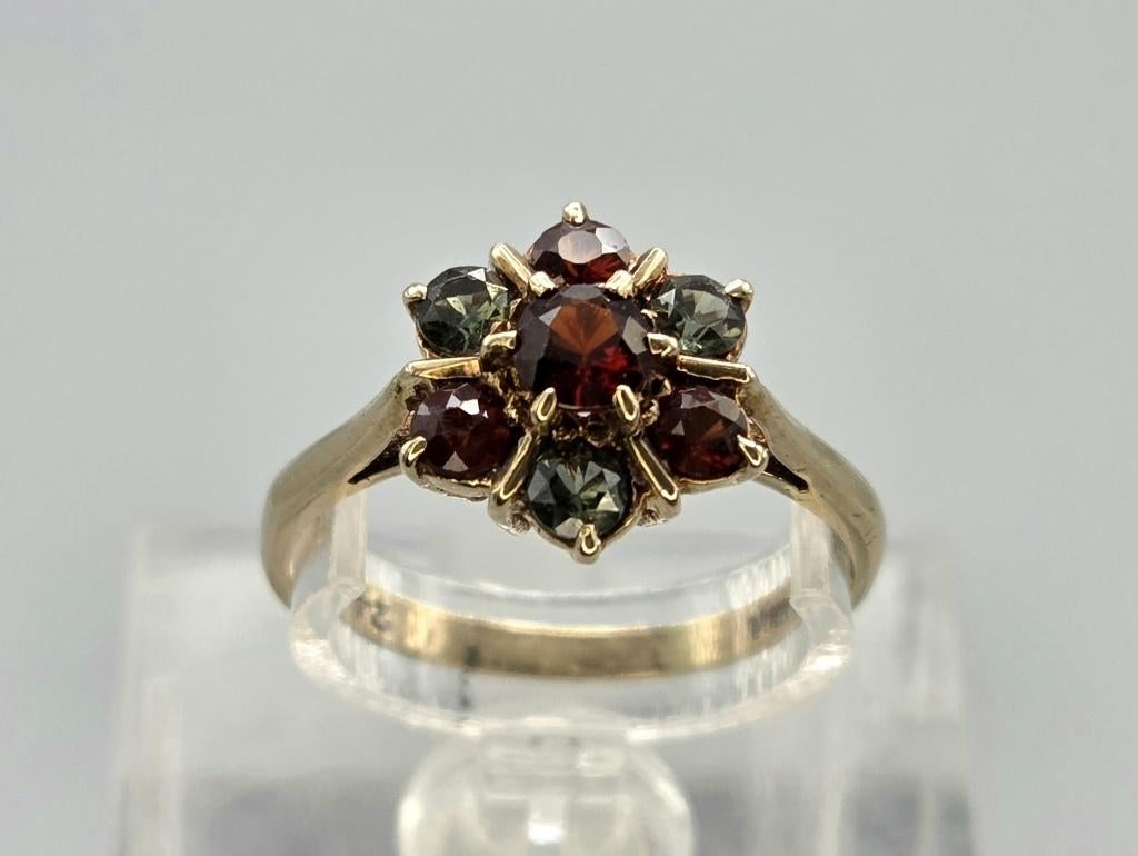 Gouden Vintage ring met toermalijn en granaat. 2026/242., Overige kleuren, Ophalen of Verzenden, Zo goed als nieuw, 17 tot 18