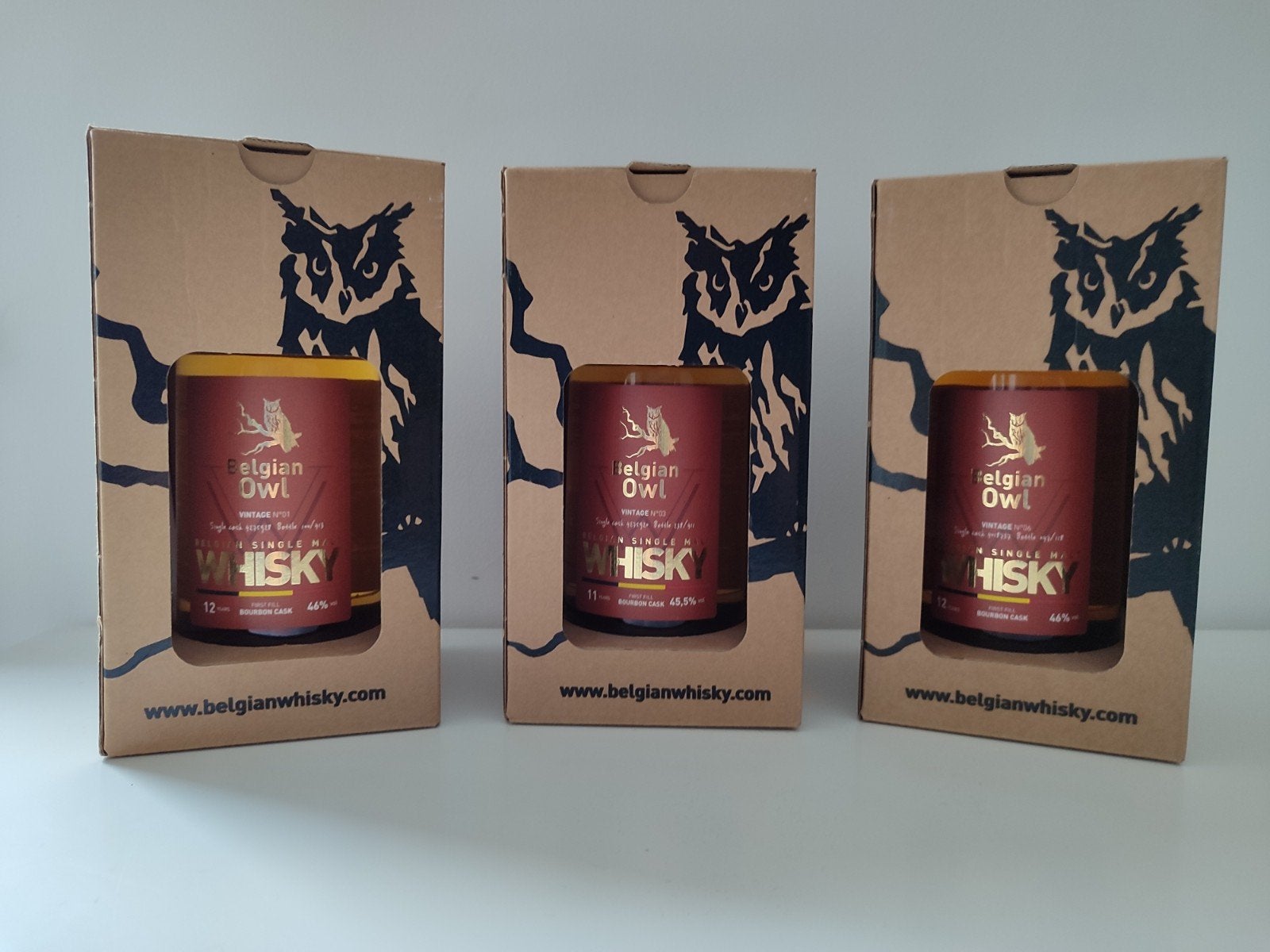 Whisky Belgian Owl série 3 bouteilles vintage 1-3-6, Collections, Vins, Enlèvement ou Envoi