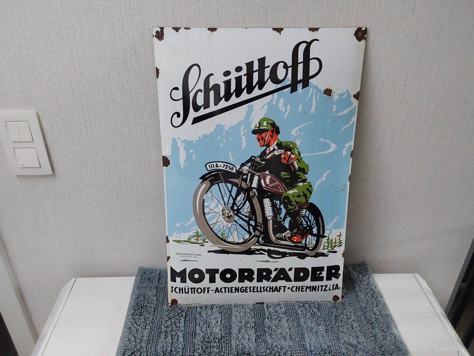 emaille reclamebord Schüttoff Motottäder, Verzamelen, Merken en Reclamevoorwerpen, Ophalen
