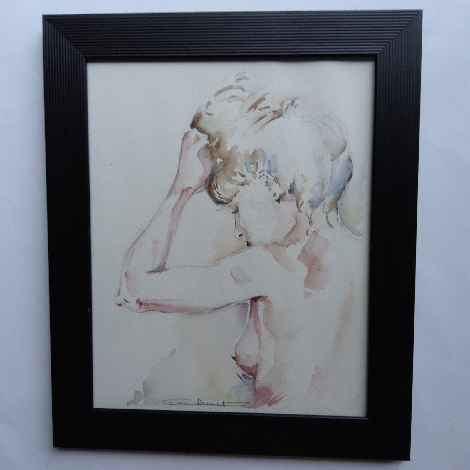Origineel aquarel. Gesigneerd en ingelijst 30 x 36 cm., Aquarel, Glas, Ophalen of Verzenden, Figuren