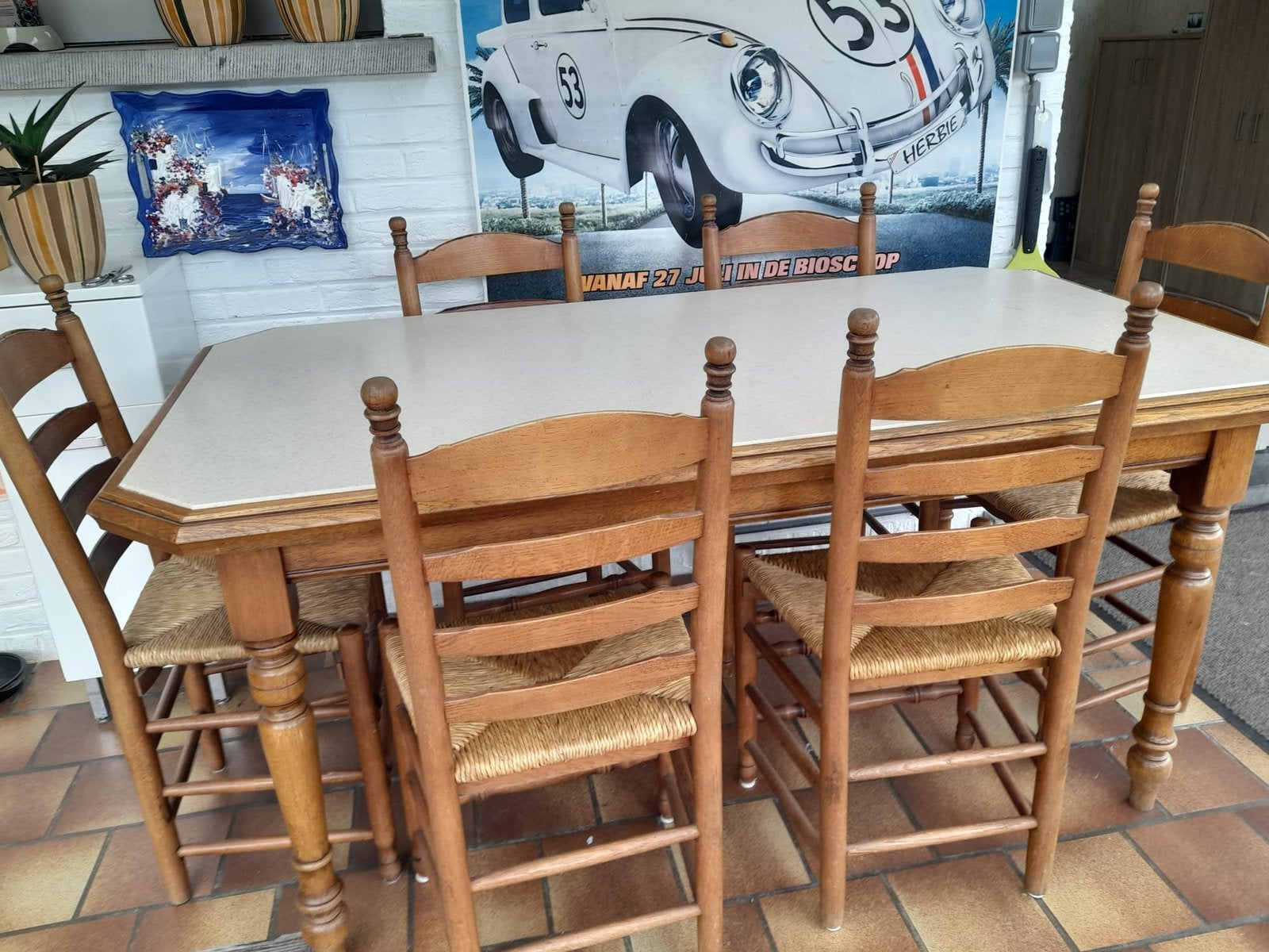 Tafel met stenen blad + 6 stoelen in eik, Huis en Inrichting, Ophalen, Zo goed als nieuw