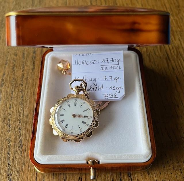 Belgisch Dames Zakhorloge 18kt + Speld, Handtassen en Accessoires, Horloges | Antiek, Overige merken, Zakhorloge, 1930 tot 1960