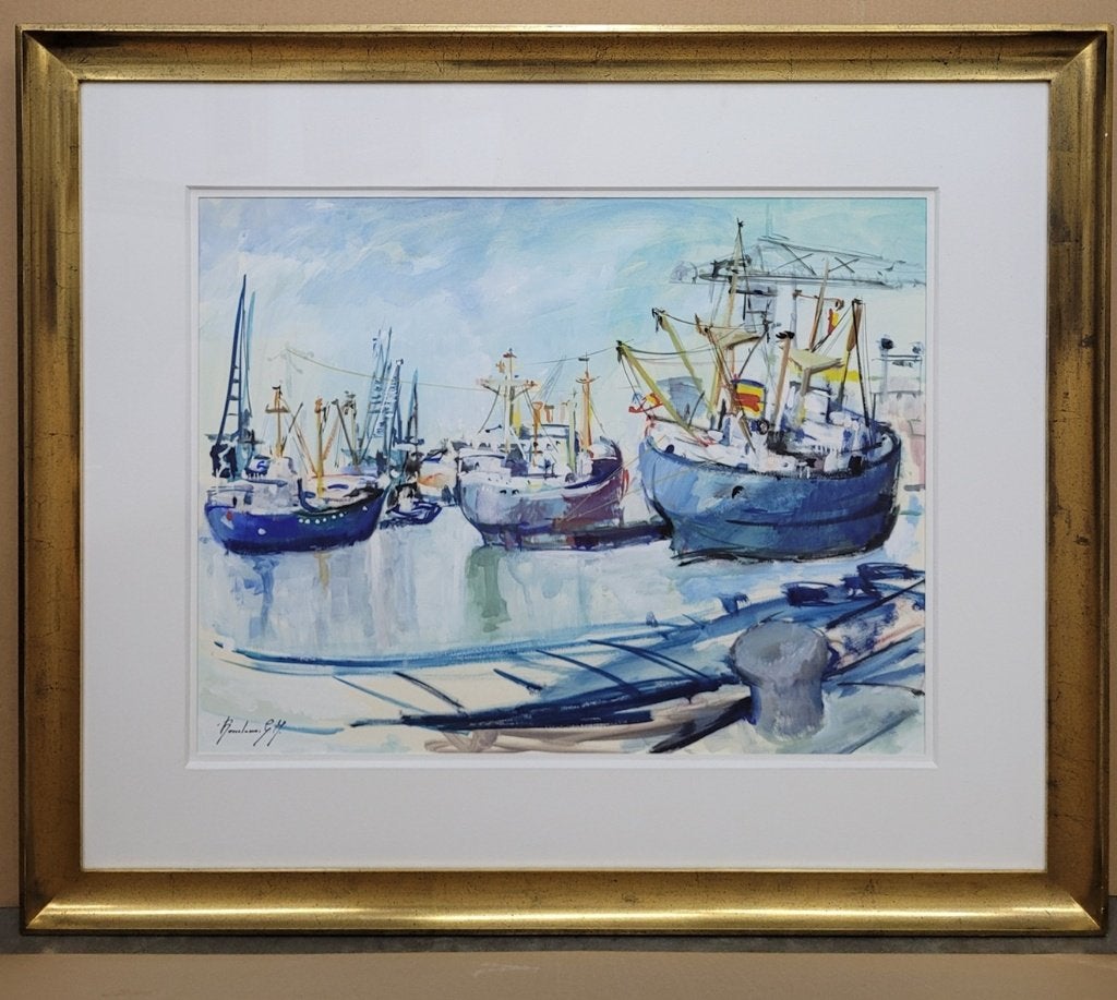 Leo BOSSELAERS, havengezicht, Antiquités & Art, Aquarelle, Signé, Enlèvement, Papier