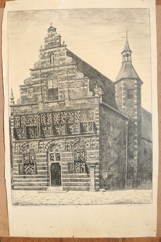 Ets Het Stadhuis te Woerden - C. de Zeeuw, gesigneerd, Eau-forte, Signé, 50 cm, Enlèvement