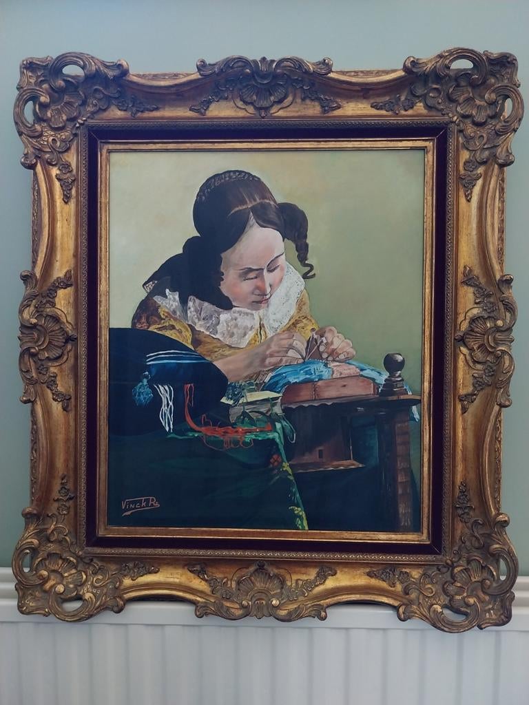 Schilderij kantwerkster van Vinck met barokstijl kader, Ophalen