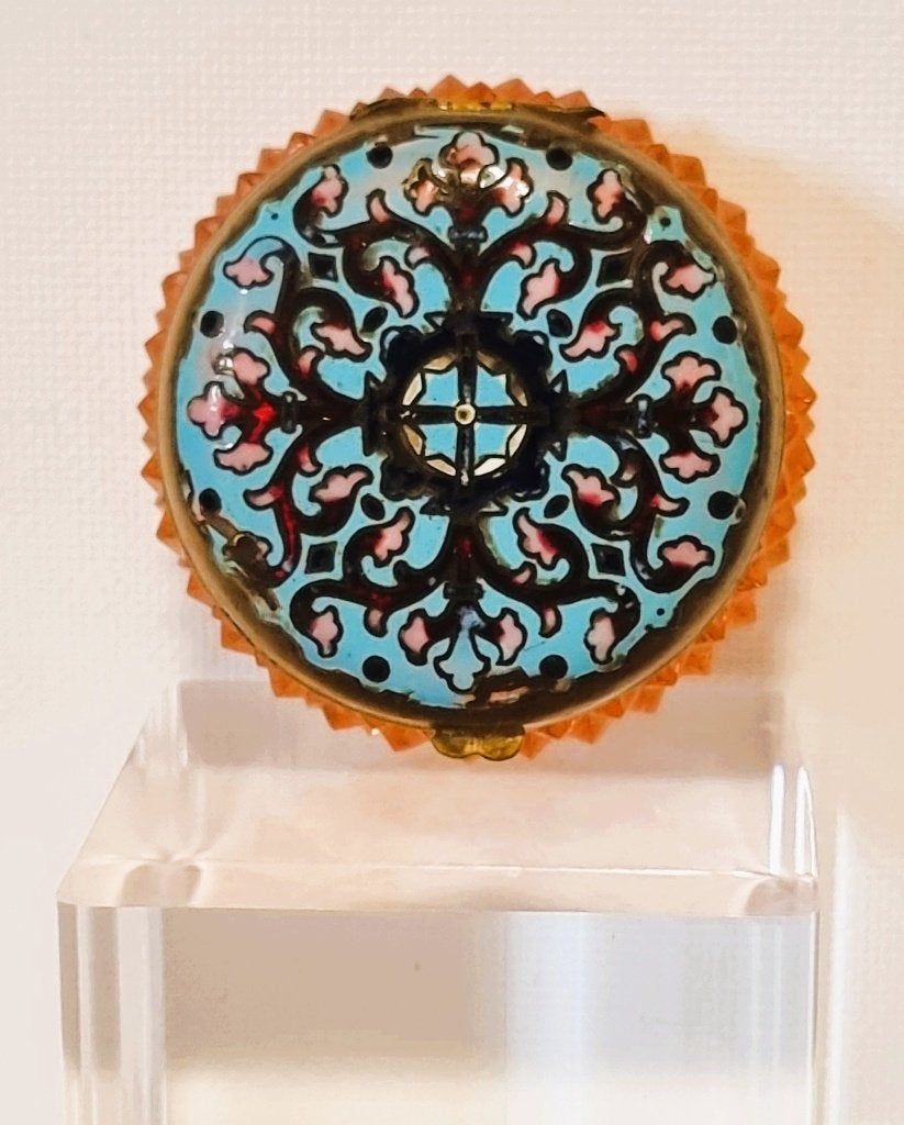 Napoleon III glazen potje met emaille deksel., Antiek en Kunst, Ophalen of Verzenden