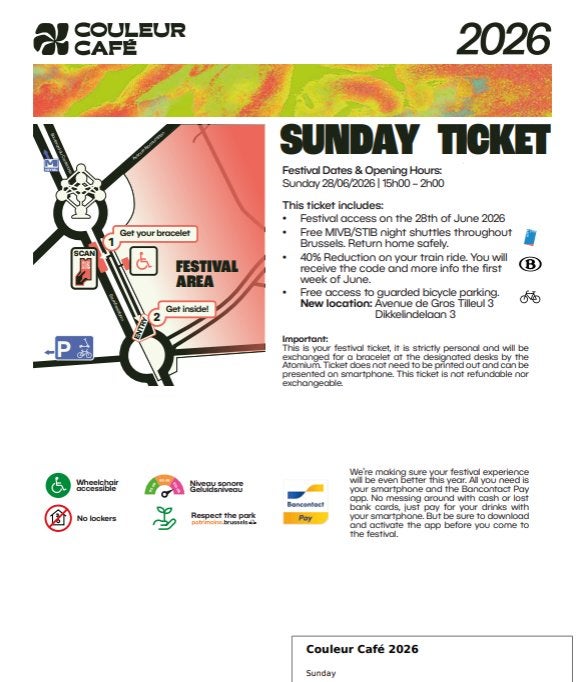 Couleur cafe 2026 (dimanche), Tickets & Billets