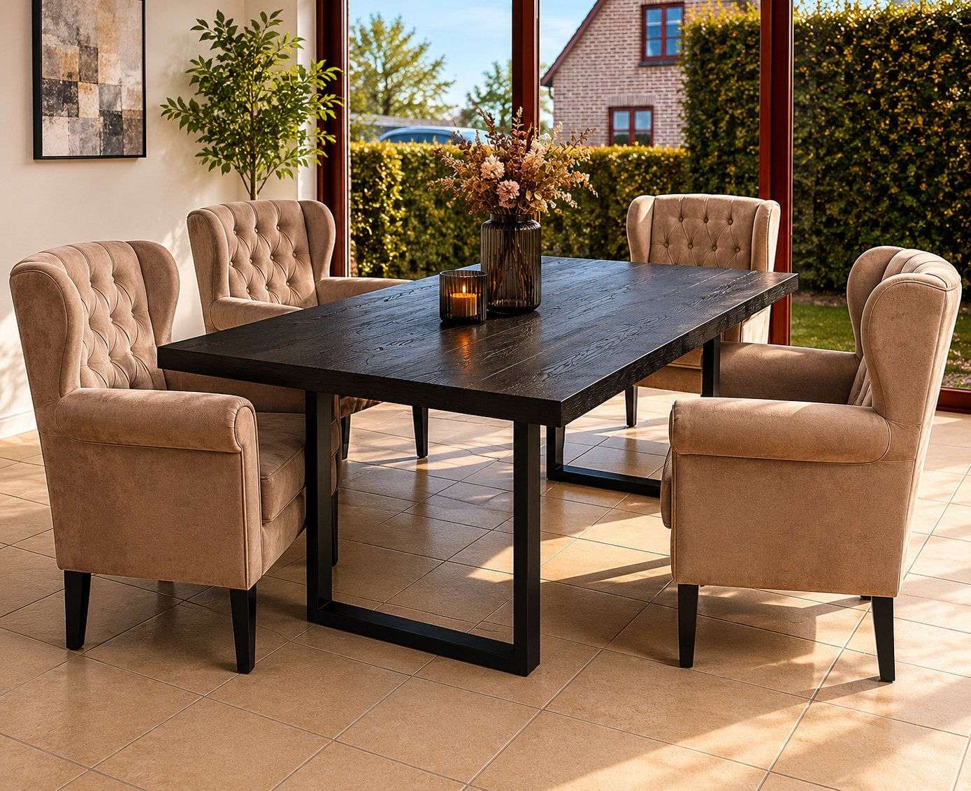 Zo goed als nieuwe luxe eettafel + 4 velvet fauteuilstoelen, Huis en Inrichting, Tafels | Eettafels, Ophalen of Verzenden