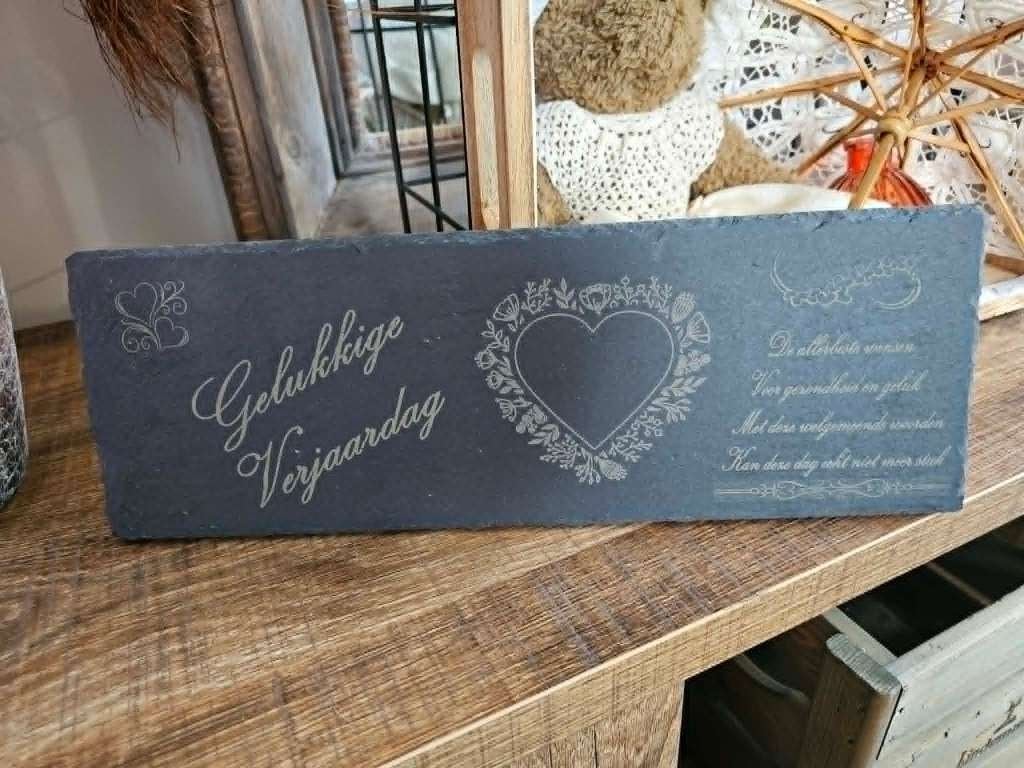 Mooie lasergravure op lei plaatje met verjaardagswensen, Dagelijks leven, Met tekst, Ophalen of Verzenden, Gravure