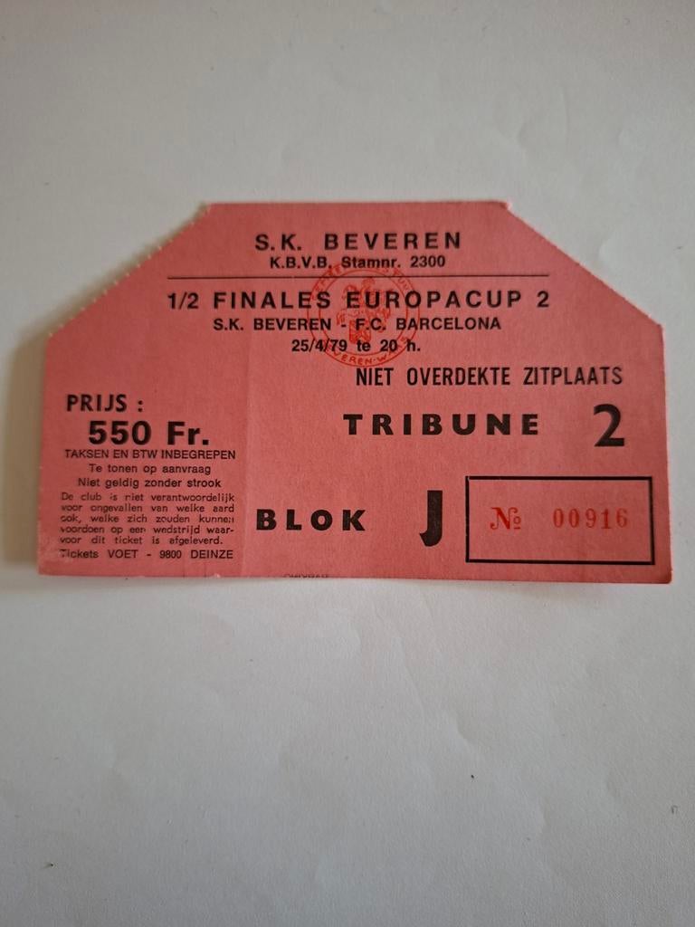 Billet 1/2 Finale de la Coupe d'Europe 2 - SK BEVEREN - FC B, Enlèvement ou Envoi
